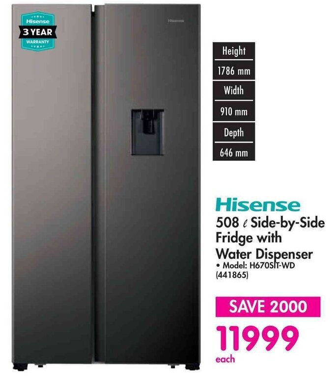 Hisense 508L SidebySide Fridge with Water Dispenser offer at Makro