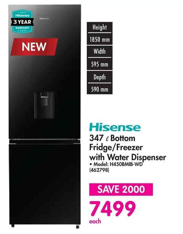 Hisense 347L Bottom Fridge/Freezer with Water Dispenser offer at Makro