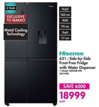 Makro Hisense 631L Side-by-Side Frost-Free Fridge with Water Dispenser offer