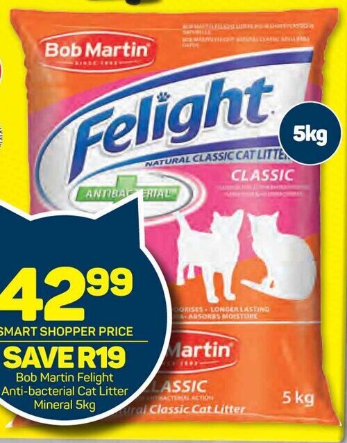 Bob Martin Felight Antibacterial Cat Litter Mineral 5kg offer at Pick n Pay