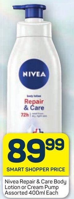 Pick n Pay Nivea Repair & Care Body Lotion or Cream Pump Assorted 400ml Each offer