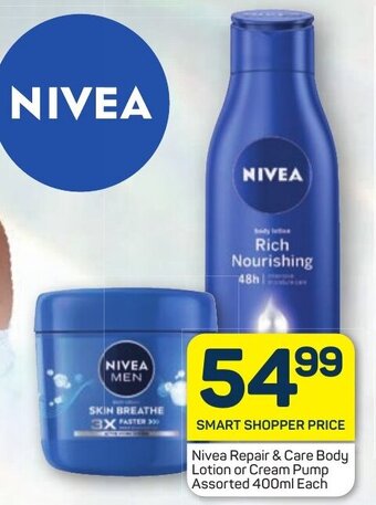 Pick n Pay Nivea Repair & Care Body Lotion or Cream Pump Assorted 400ml Each offer