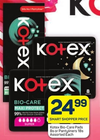 Pick n Pay Kotex Bio-Care Pads 8s or Pantyliners 18s Assorted Each offer