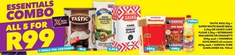 Shoprite TASTIC RICE 2kg + SUPER WHITE MAIZE MEAL 2,5kg OR SASKO CAKE FLOUR 2,5kg + RITEBRAND MACARONI OR SPAGHETTI 500g each offer