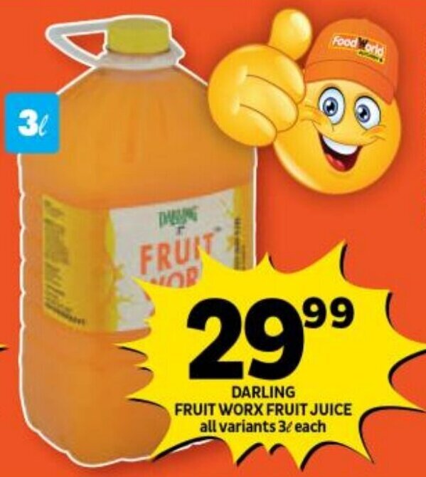 DARLING FRUIT WORX FRUIT JUICE all variants 3L each offer at Shoprite