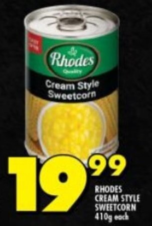 Shoprite RHODES CREAM STYLE SWEETCORN 410g each offer