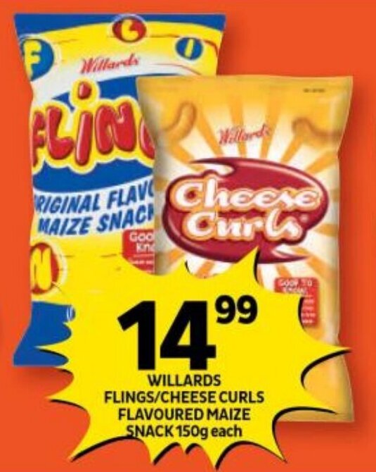 WILLARDS FLINGS/CHEESE CURLS FLAVOURED MAIZE SNACK 150g each offer at
