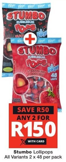 Checkers Stumbo Lollipops All Variants 2 x 48 per pack offer
