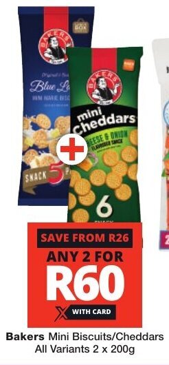 Checkers Bakers Mini Biscuits/Cheddars All Variants 2x200g offer