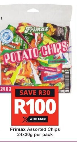 Checkers Frimax Assorted Chips 24x30g per pack offer
