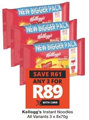 Checkers Kellogg's Instant Noodles All Variants 3 x 8x70g offer