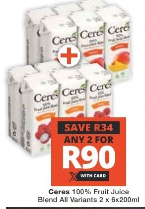Checkers Ceres 100% Fruit Juice Blend All Variants 2 x 6x200ml offer