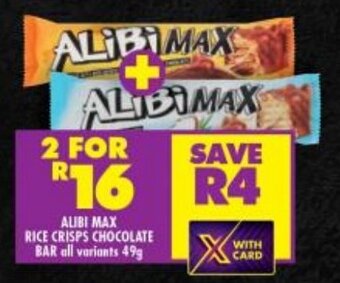 Shoprite ALIBI MAX RICE CRISPS CHOCOLATE BAR all variants 49g offer