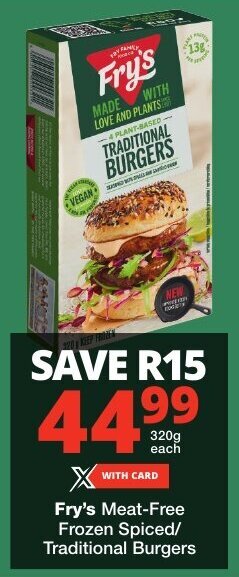 Checkers Fry's Meat-Free Frozen Spiced/ Traditional Burgers offer