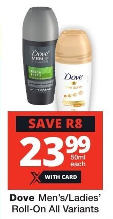 Checkers Dove Men's/Ladies' Roll-On All Variants offer
