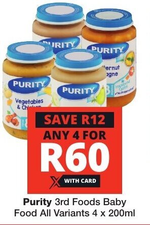 Purity 3rd Foods Baby Food All Variants 4 x 200ml offer at Checkers