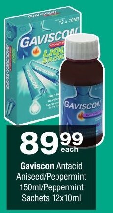 Checkers Gaviscon Antacid Aniseed/Peppermint 150ml/Peppermint Sachets 12x10ml offer