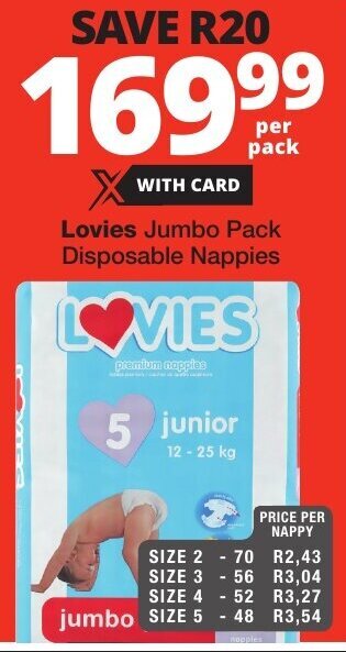 Checkers Lovies Jumbo Pack Disposable Nappies offer