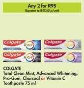 Colgate total clean mint advanced whitening,pro gum,charcoal or vitamin c toothpaste-for 2 x 75ml