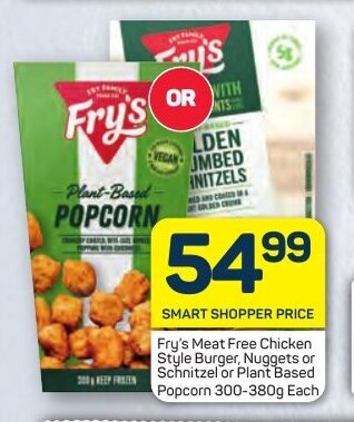 Pick n Pay Fry's Meat Free Chicken Style Burger, Nuggets or Schnitzel or Plant Based Popcorn 300-380g Each offer