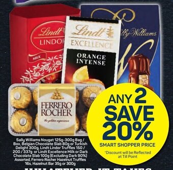 Pick n Pay Sally Williams Nougat 125g-300g Bag/Box, Belgian Chocolate Slab 80g or Turkish Delight 300g, Lindt Lindor Truffles 337g offer