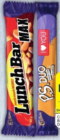 Pick n Pay Cadbury Lunch Bar Max 62g or P.S Duo 60g offer