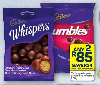 Pick n Pay Cadbury Whispers or Tumbles Assorted 200g offer