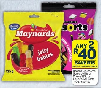 Pick n Pay Beacon Mayndards Gums, Jellies or Chews 125g or Liquorice All Sorts 150g Assorted offer