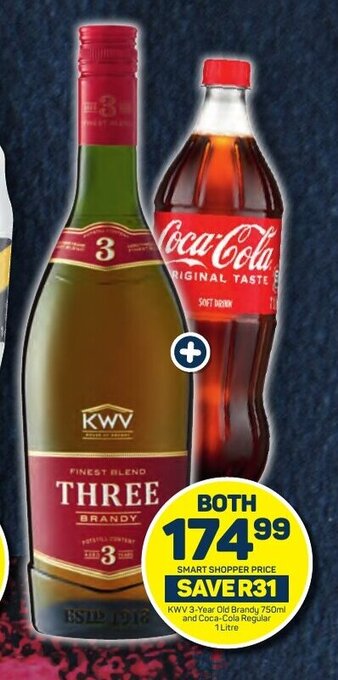 Pick n Pay KWV 3-Year Old Brandy 750ml and Coca-Cola Regular 1 Litre offer