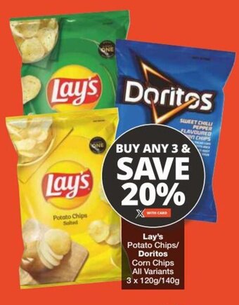 Checkers Lay's Potato Chips/ Doritos Corn Chips All Variants 3 x 120g/140g offer