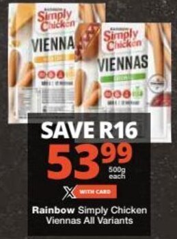 Checkers Rainbow Simply Chicken Viennas All Variants offer