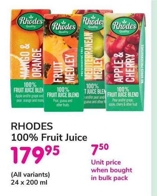 RHODES 100 Fruit Juice 24x200ml offer at Makro