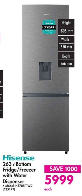 Makro Hisense 263L Bottom Fridge/Freezer with Water Dispenser offer