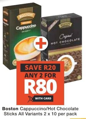 Checkers Boston Cappuccino/Hot Chocolate Sticks All Variants 2 x 10 per pack offer