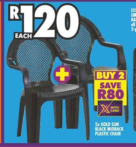 2x GOLD SUN BLACK MIDBACK PLASTIC CHAIR offer at Shoprite