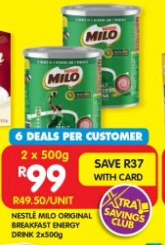 Shoprite NESTLÉ MILO ORIGINAL BREAKFAST ENERGY DRINK 2x500g offer