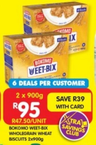 Shoprite BOKOMO WEET-BIX WHOLEGRAIN WHEAT BISCUITS 2x900g offer