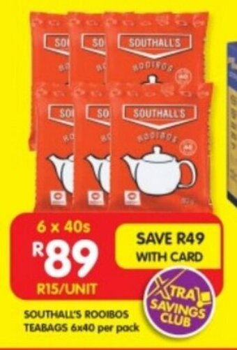 Shoprite SOUTHALL'S ROOIBOS TEABAGS 6x40 per pack offer