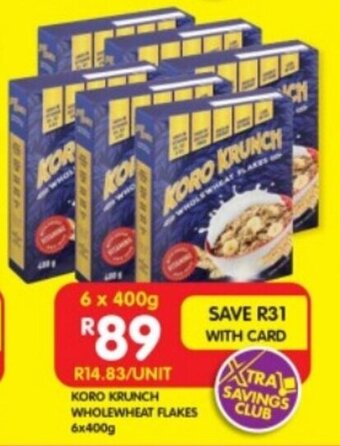 Shoprite KORO KRUNCH WHOLEWHEAT FLAKES 6x400g offer