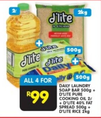 DAILY LAUNDRY SOAP BAR 500g + D'LITE PURE COOKING OIL 2 +D'LITE 40% FAT SPREAD 500g + D'LITE RICE 2kg
