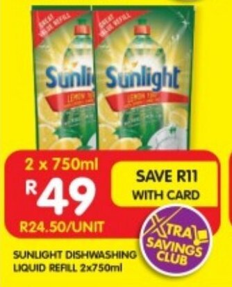 Shoprite SUNLIGHT DISHWASHING LIQUID REFILL 2x750ml offer