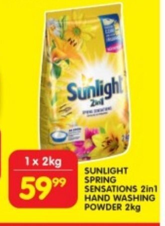 Shoprite SUNLIGHT SPRING SENSATIONS 2in1 HAND WASHING POWDER 2kg offer