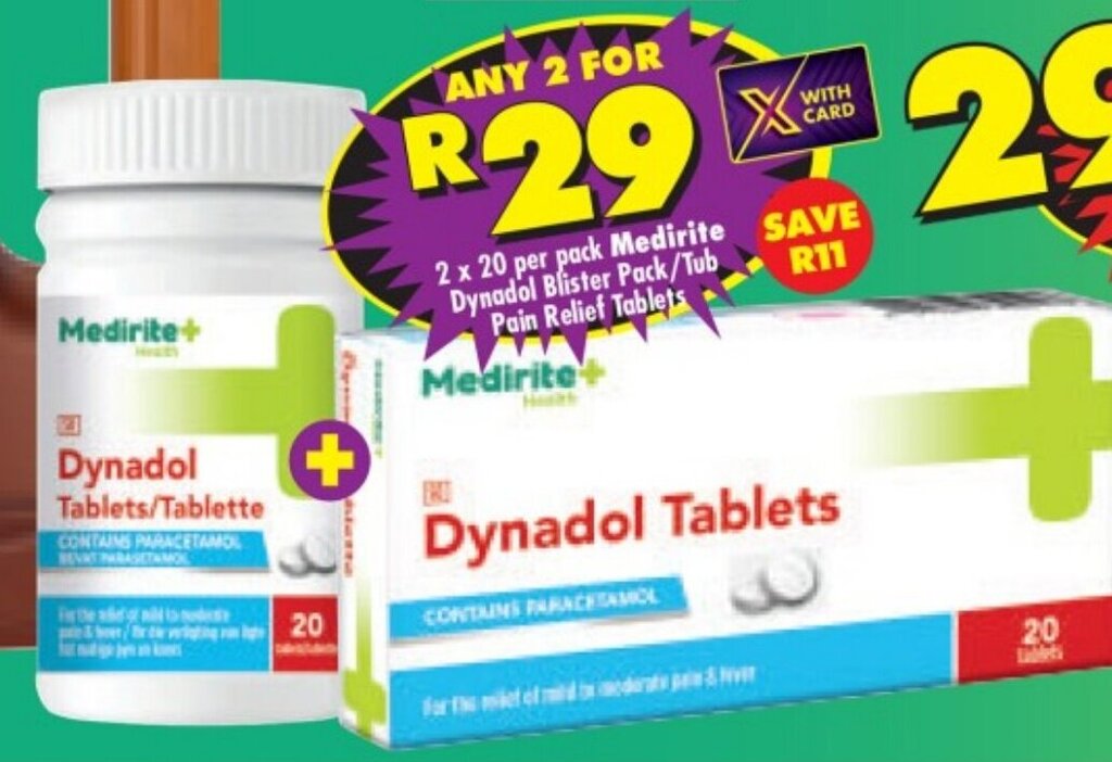 2 x 20 per pack Medirite Dynadol Blister Pack/Tub Pain Relief Tablets ...