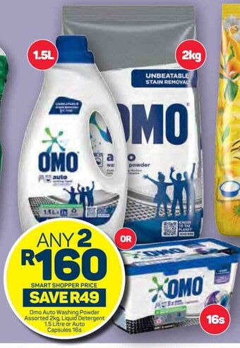 Pick n Pay Omo Auto Washing Powder Assorted 2kg, Liquid Detergent 1.5 Litre or Auto Capsules 1 offer