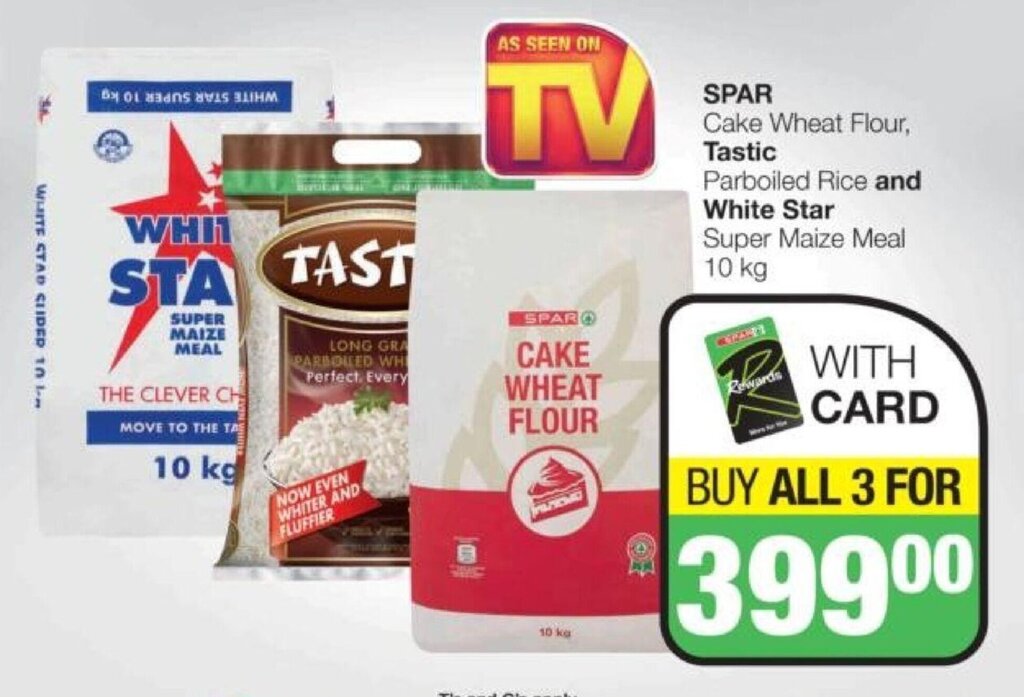 SPAR Cake Wheat Flour, Tastic Parboiled Rice and White Star Super Maize ...