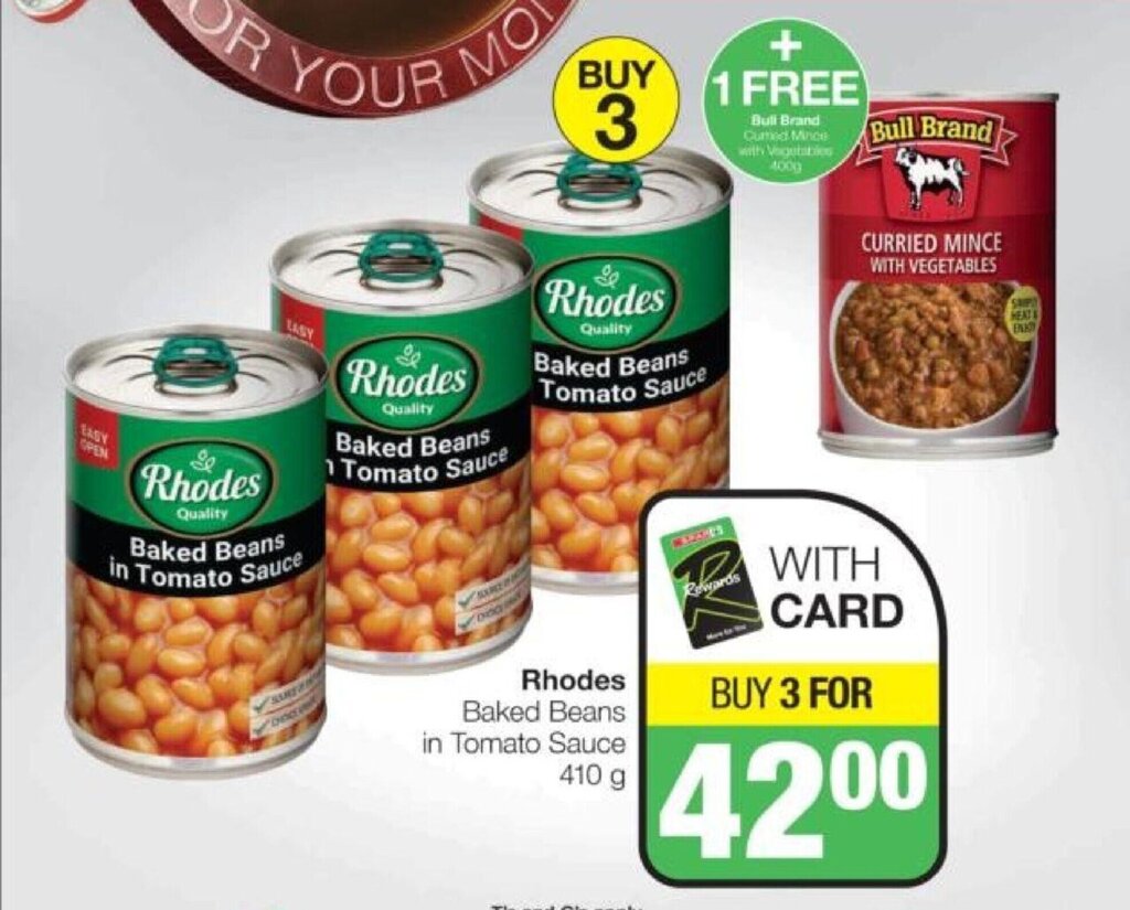 Rhodes Baked Beans in Tomato Sauce 410g + 1 FREE Bull Brand Curried