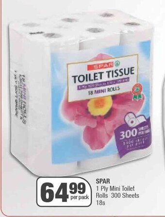 Spar SPAR 1 Ply Mini Toilet per pack Rolls 300 Sheets 18s offer