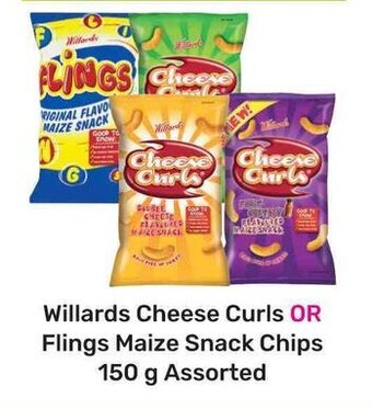 Game Willards Cheese Curls OR Flings Maize Snack Chips 150g Assorted offer