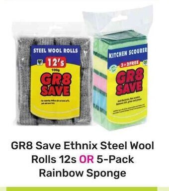 Game GR8 Save Ethnix Steel Wool Rolls 12s OR 5-Pack Rainbow Sponge offer