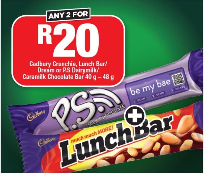 Cadbury Crunchie, Lunch Bar/ Dream or P.S Dairymilk/ Caramilk Chocolate